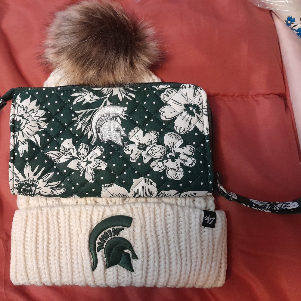 Green and White Floral Vera Bradley Wallet With Matching MSU Hat With Fur Ball